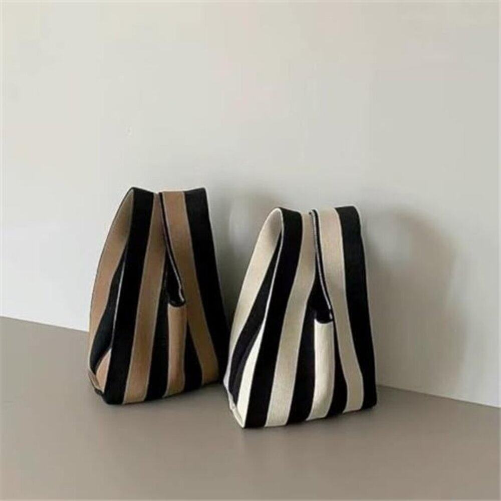 Striped Black White or Black Beige Knit Knot Bag Mini Canvas Tote